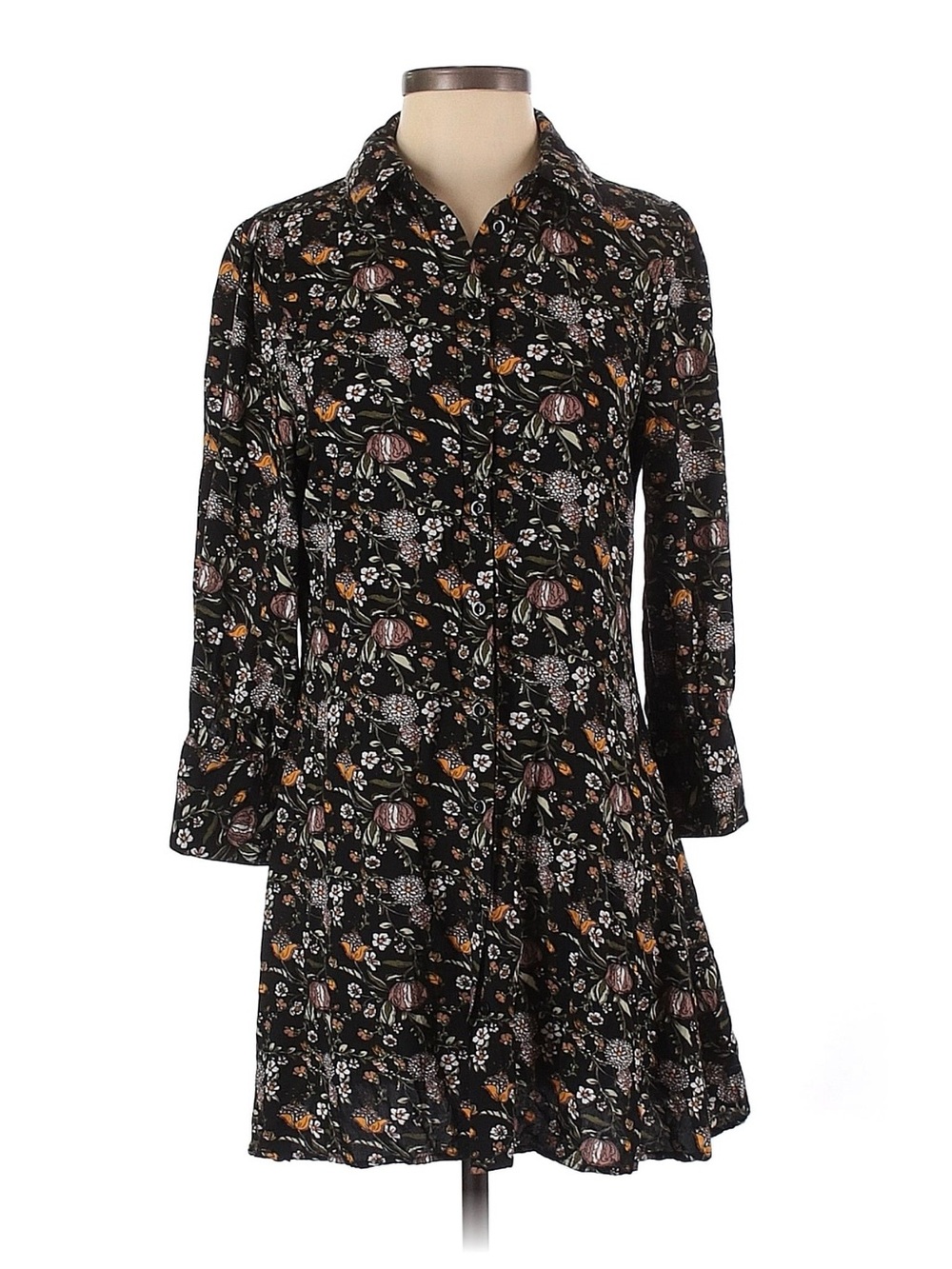 NATURAL LIFE Black Floral Button-Front 3/4-Sleeve Dress